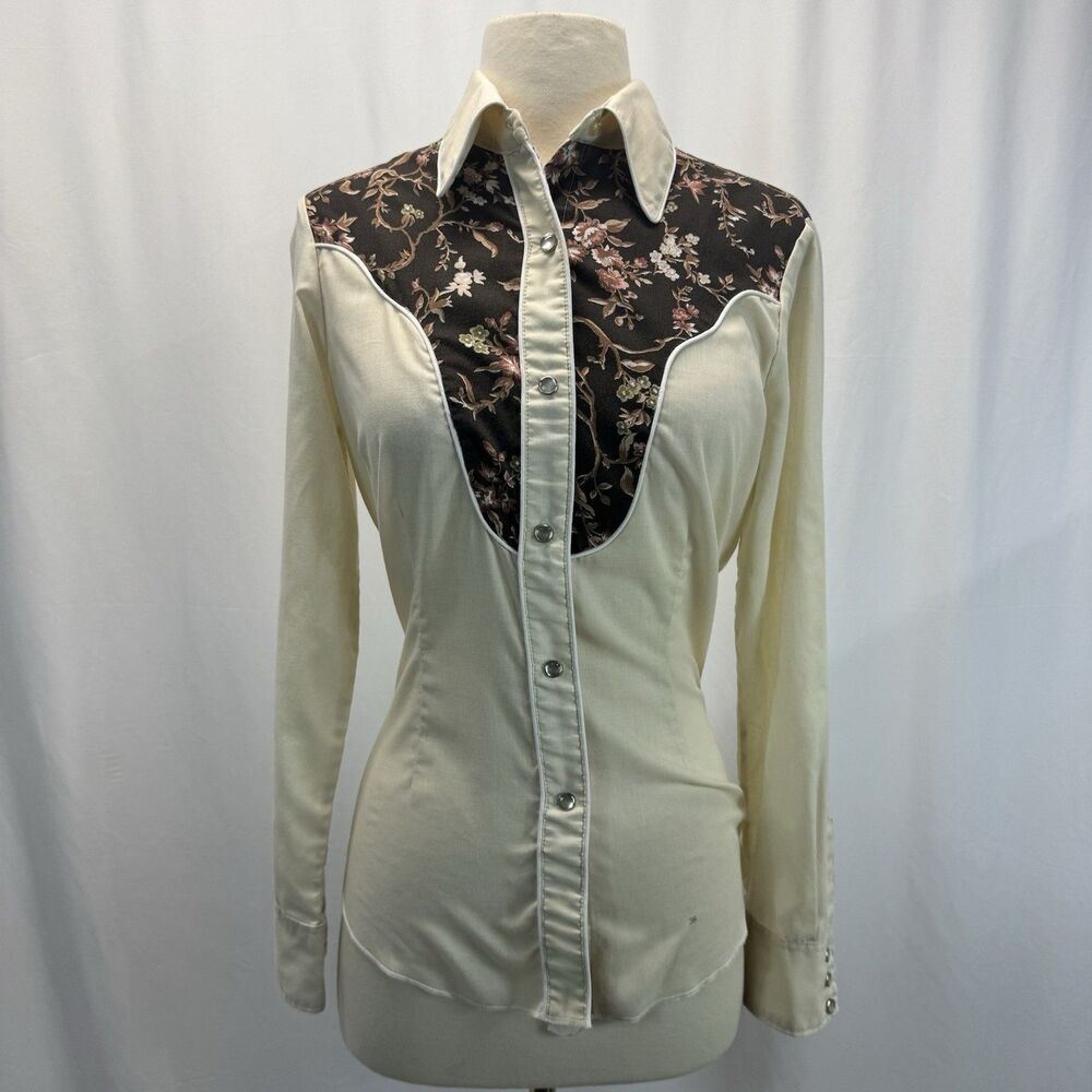 H Bar C Womens Shirt Sm Med 36 Floral Print Pearl Snap LS Cowgirl Vtg Western